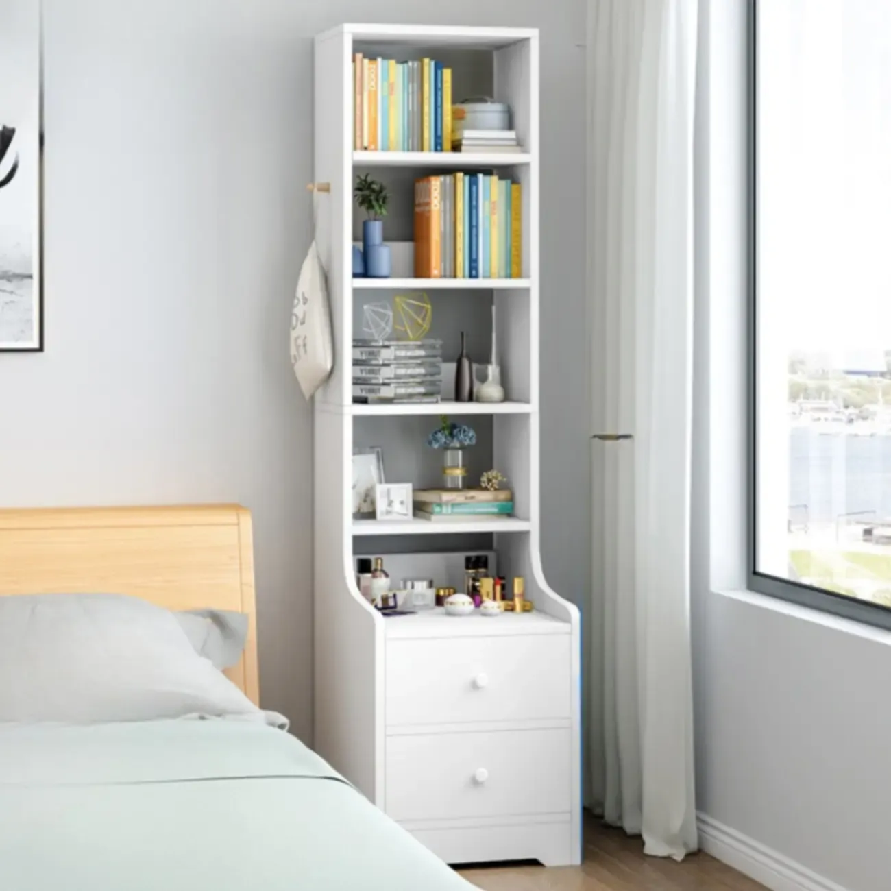 Scandinavian White Wooden Nightstand with Shelves and Drawers Image - 6