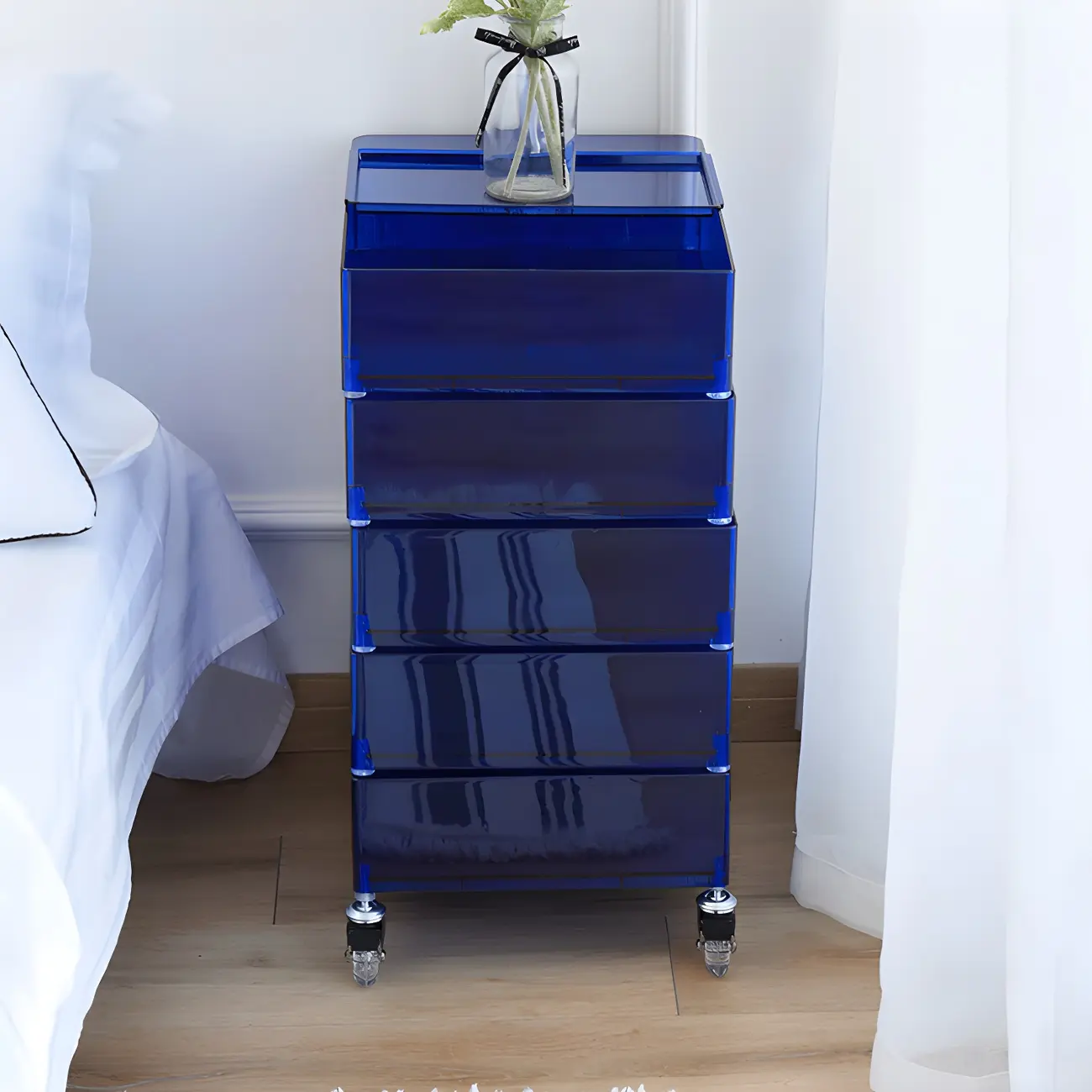 Vibrant Yellow Transparent Nightstand with Drawers and Wheels Image - 15 | homeyfad