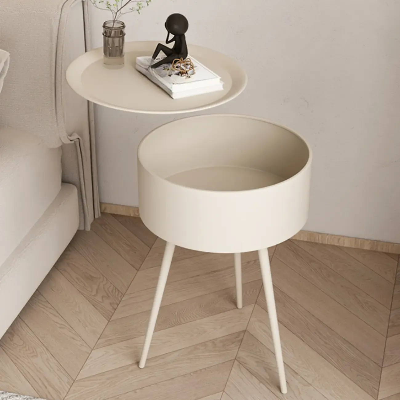Scandinavian Round Metal Bedside Table with High Legs Image - 8