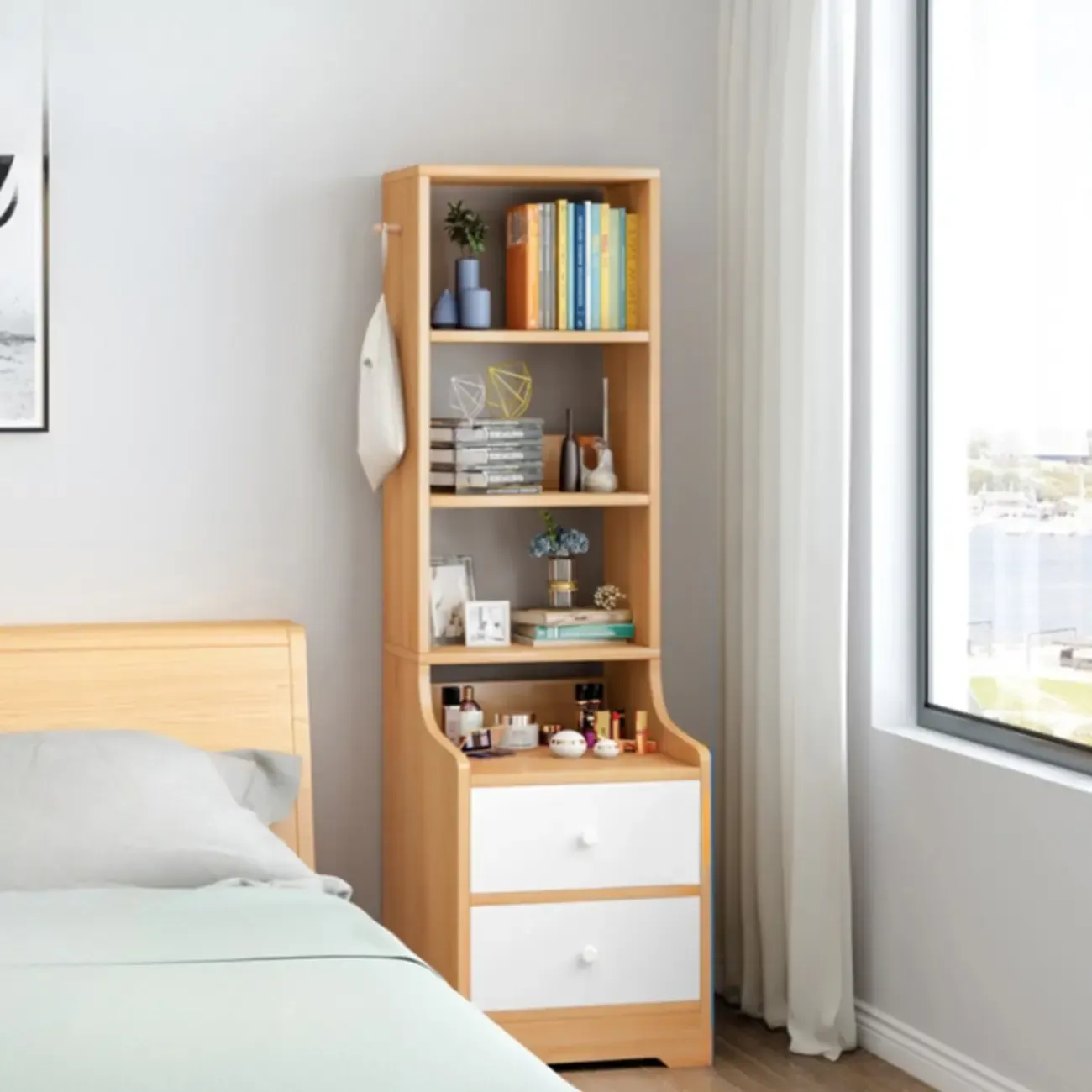 Scandinavian White Wooden Nightstand with Shelves and Drawers Image - 7