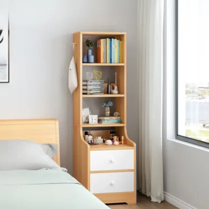 Scandinavian White Wooden Nightstand with Shelves and Drawers Image - 7