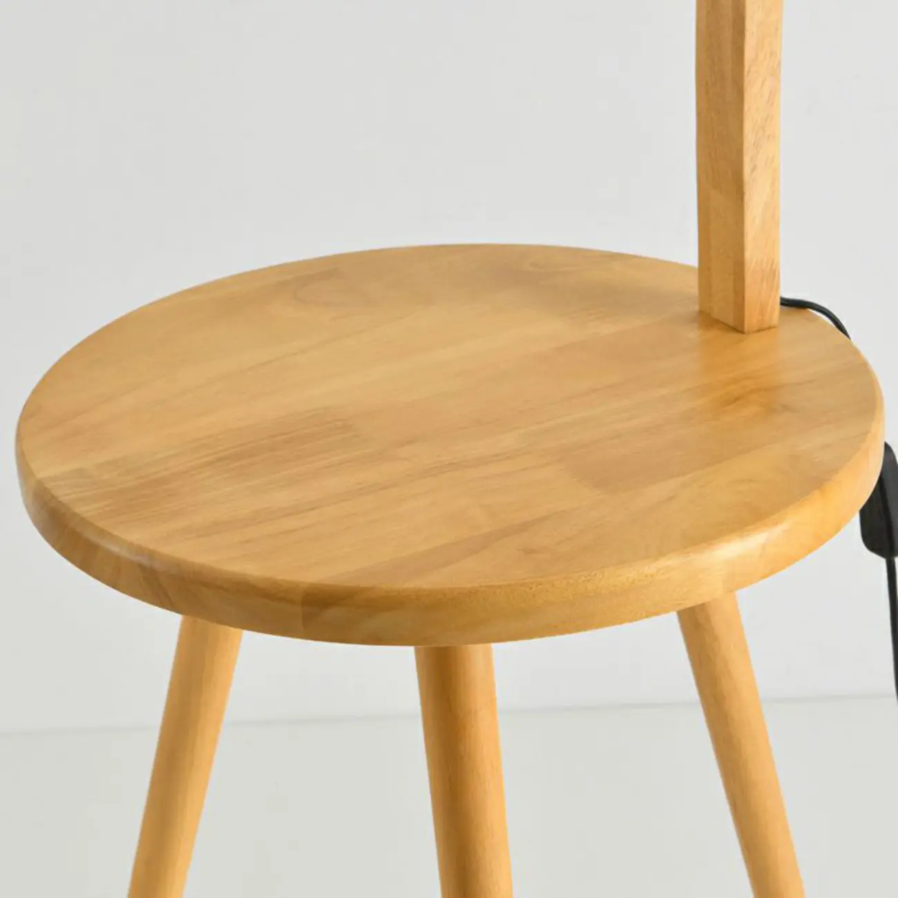 Natural Wooden Arc Floor Lamp with Beige Fabric Shade and Tripod Shelf  Image - 8 | homeyfad