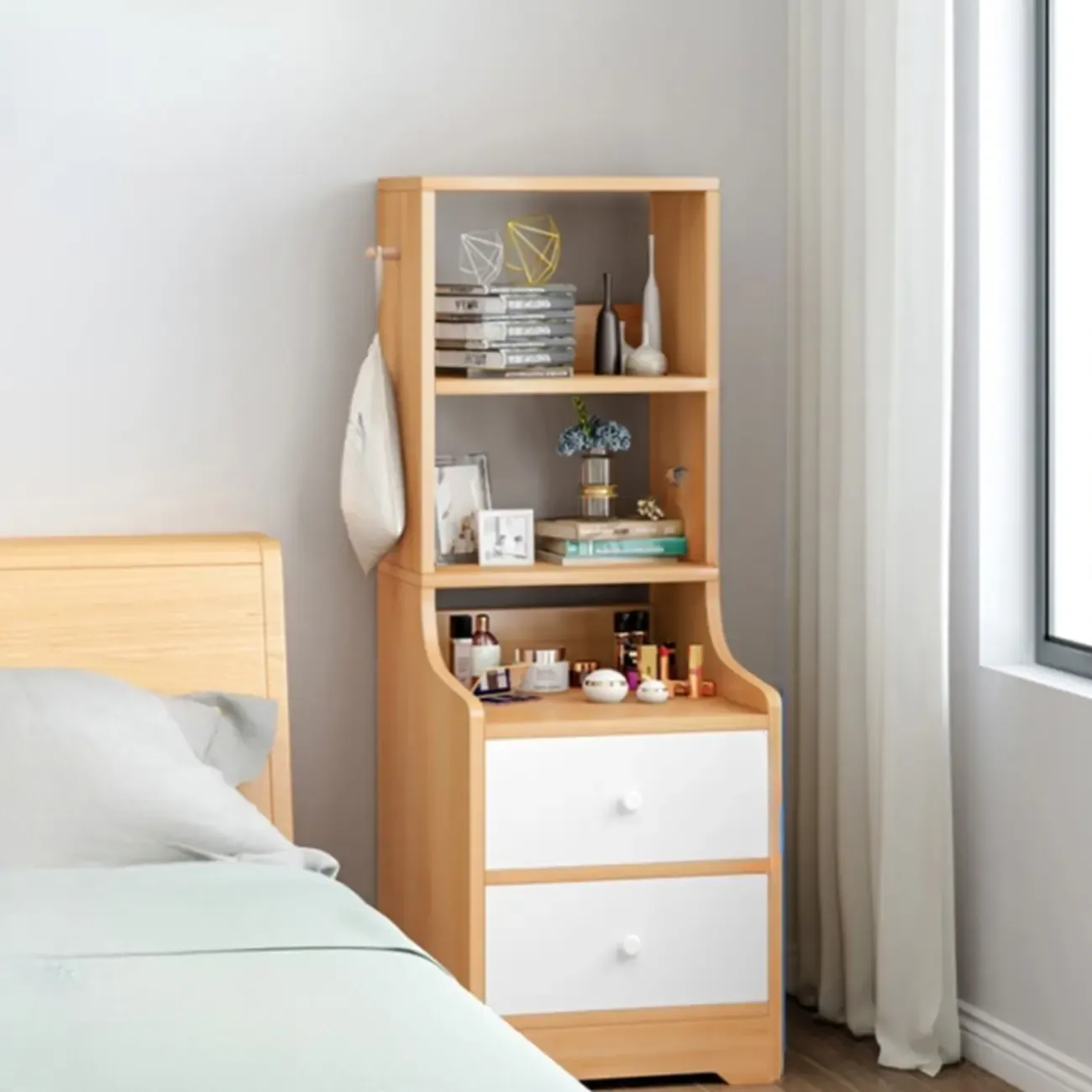 Scandinavian White Wooden Nightstand with Shelves and Drawers Image - 8