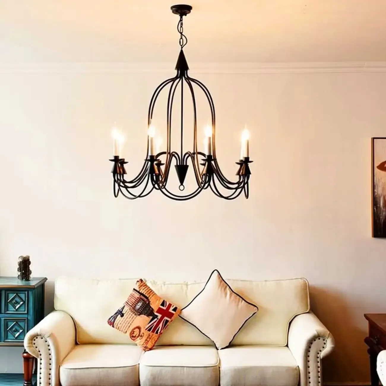 Vintage Curved Metal Chandelier with Adjustable Height Image - 2