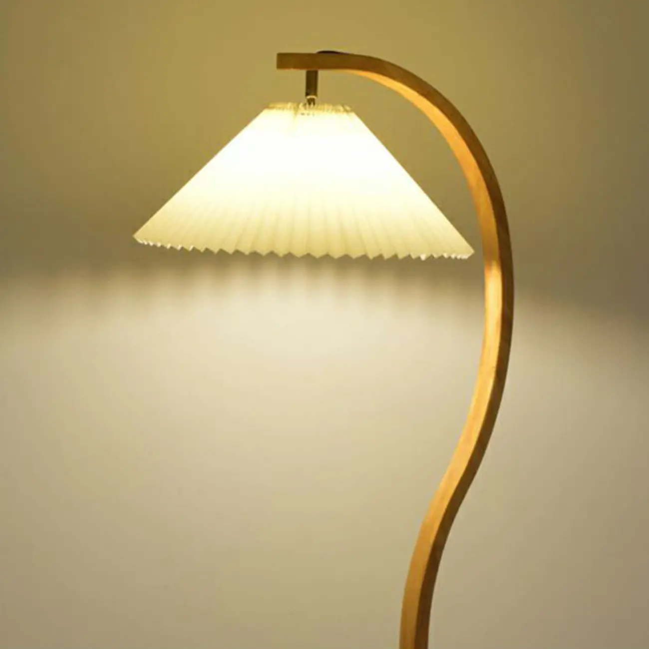 Natural Wooden Arc Floor Lamp with Beige Fabric Shade and Tripod Shelf  Image - 9 | homeyfad