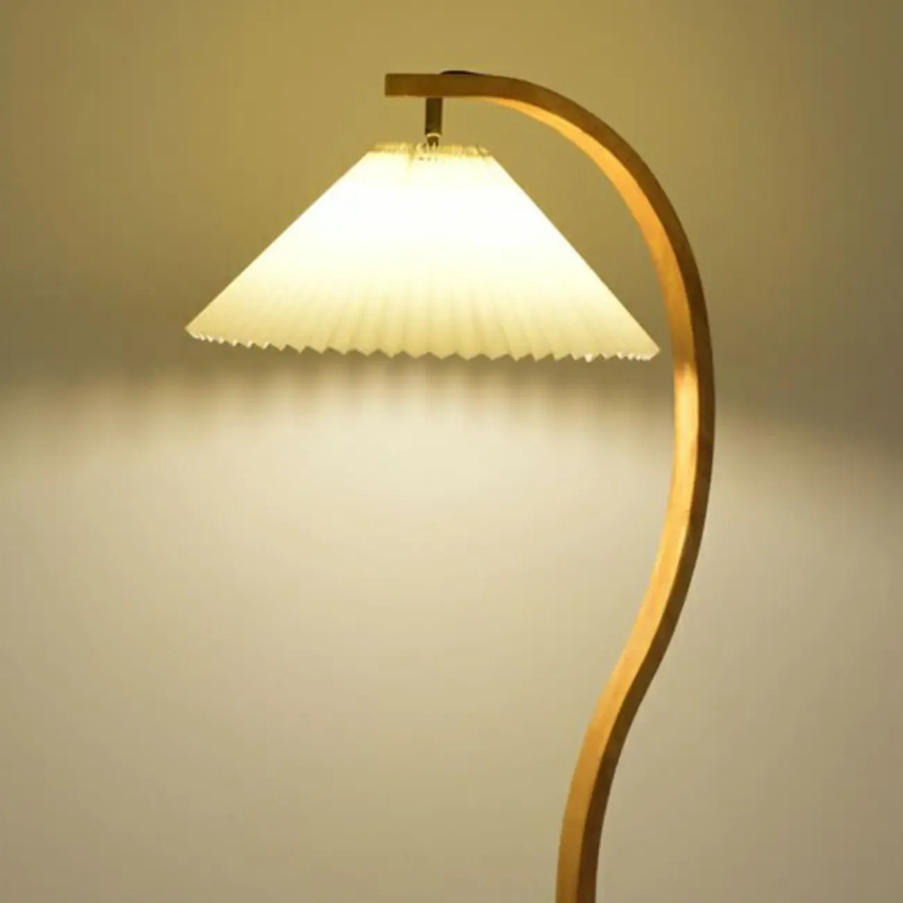 Natural Wooden Arc Floor Lamp with Beige Fabric Shade and Tripod Shelf  Image - 9