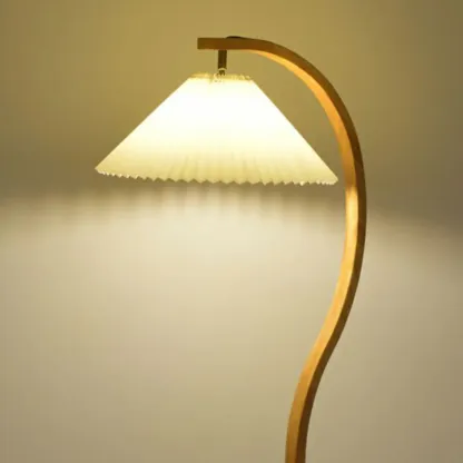 Natural Wooden Arc Floor Lamp with Beige Fabric Shade and Tripod Shelf  Image - 9