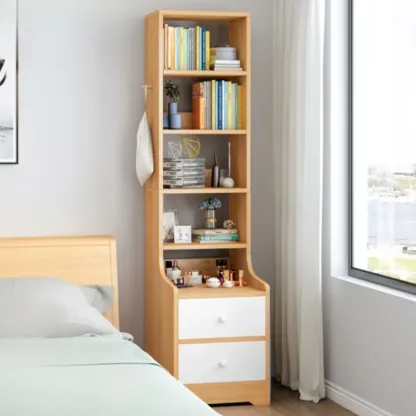 Scandinavian White Wooden Nightstand with Shelves and Drawers Image - 9
