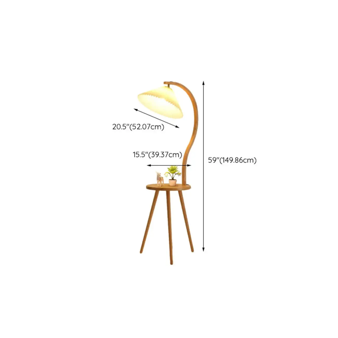 Natural Wooden Arc Floor Lamp with Beige Fabric Shade and Tripod Shelf #size