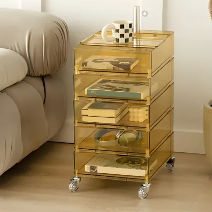 Vibrant Yellow Transparent Nightstand with Drawers and Wheels Image - 1
