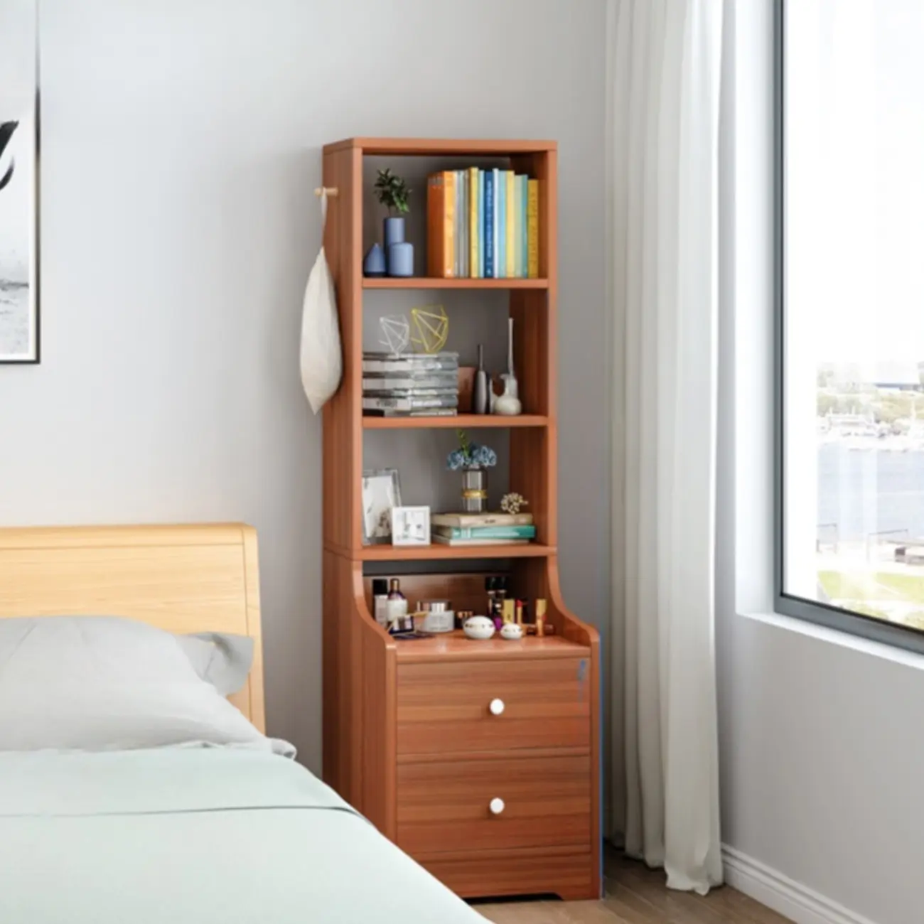 Scandinavian White Wooden Nightstand with Shelves and Drawers Image - 10 | homeyfad