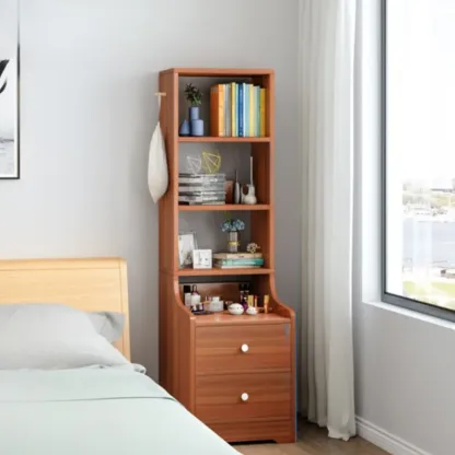 Scandinavian White Wooden Nightstand with Shelves and Drawers Image - 10