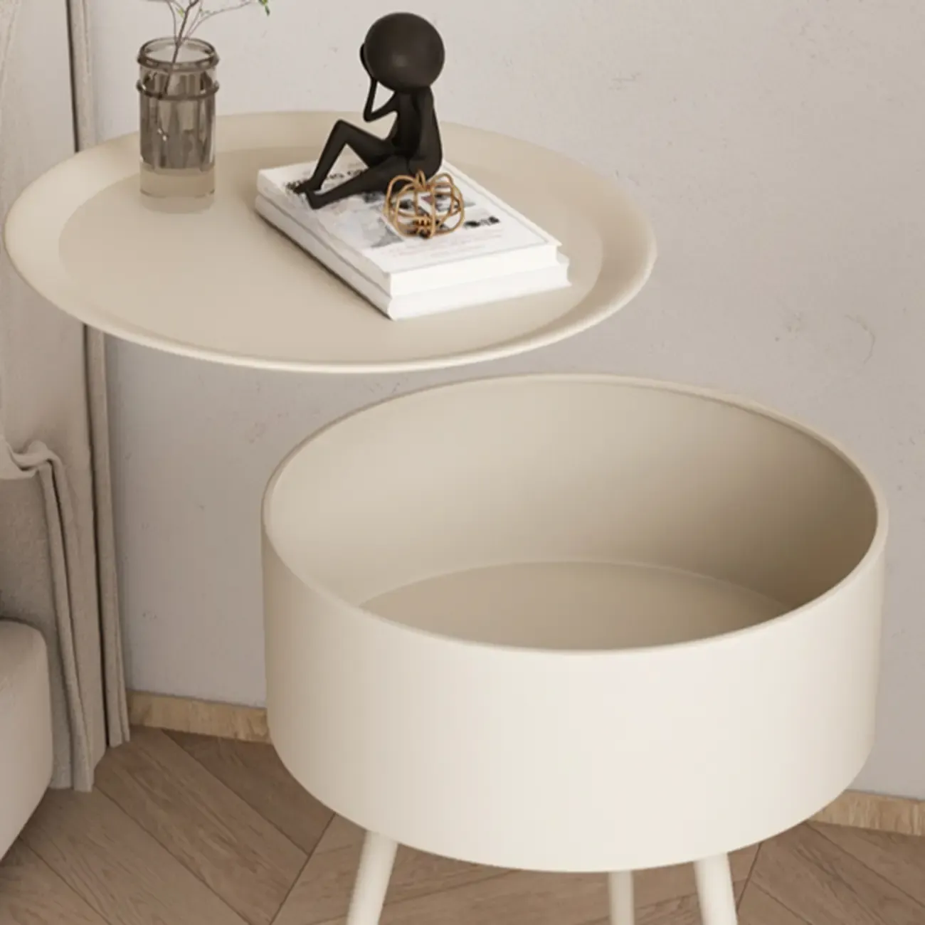 Scandinavian Round Metal Bedside Table with High Legs Image - 11