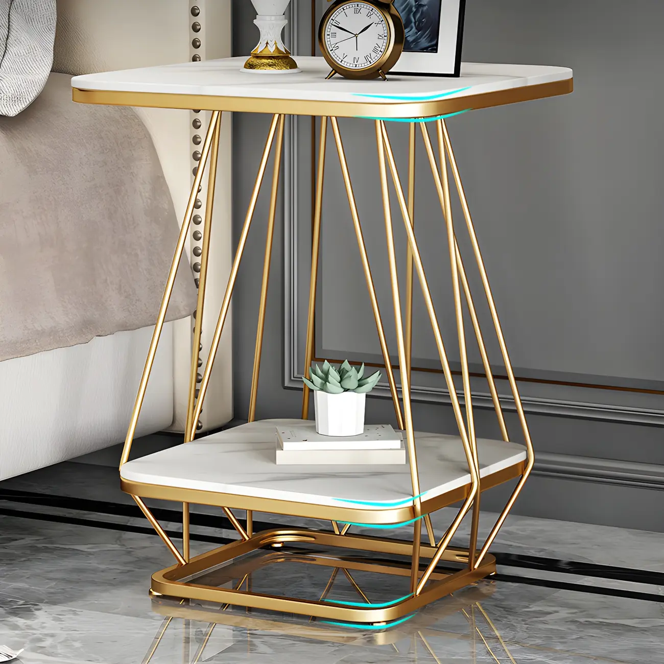 Modern Glam Metal Nightstand with Stone Top and Open Shelf Image - 2 | homeyfad