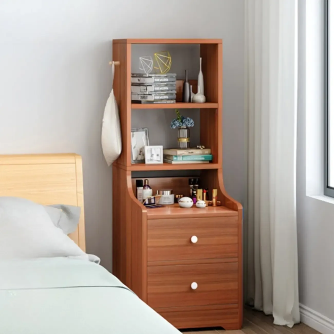 Scandinavian White Wooden Nightstand with Shelves and Drawers Image - 11