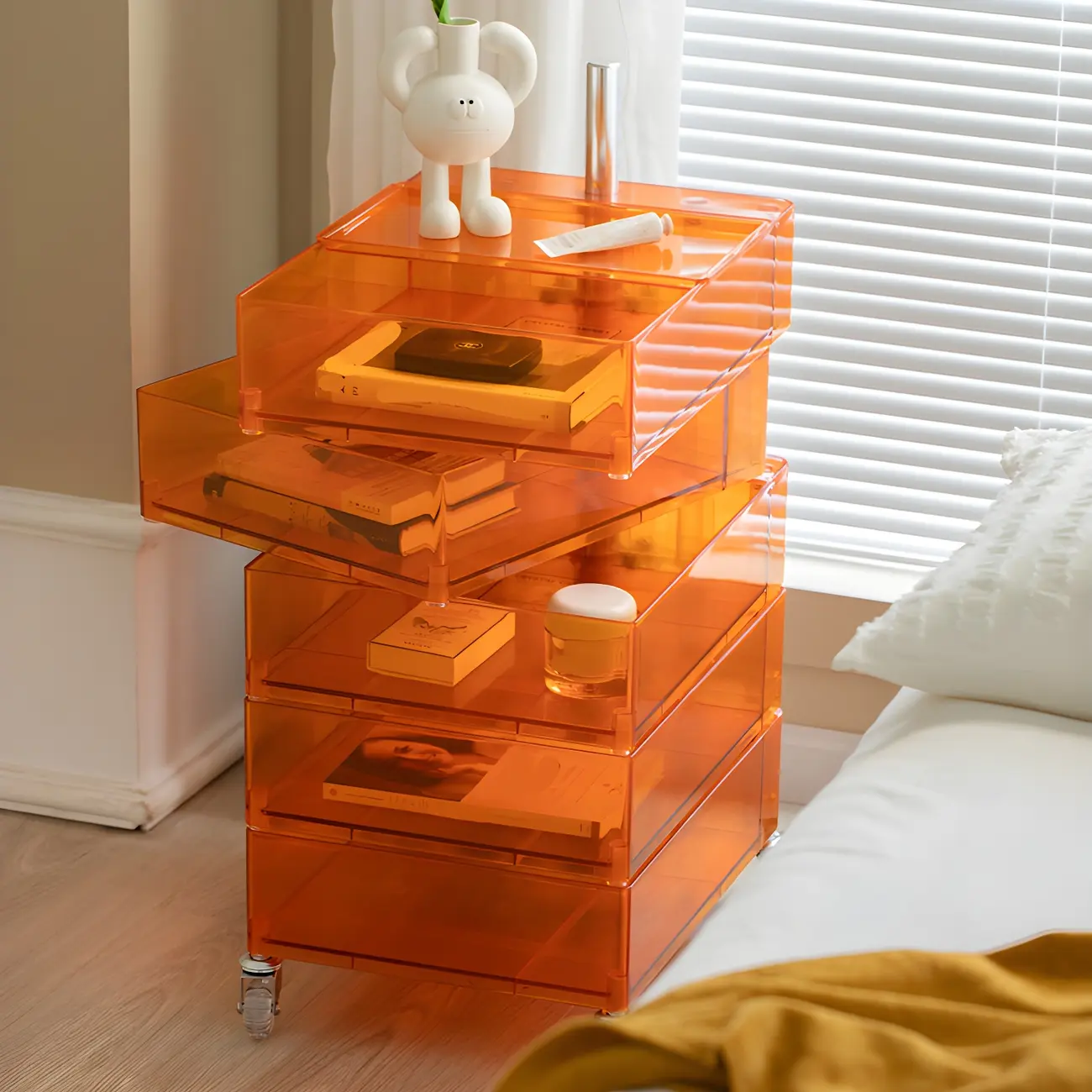 Vibrant Yellow Transparent Nightstand with Drawers and Wheels Image - 9 | homeyfad