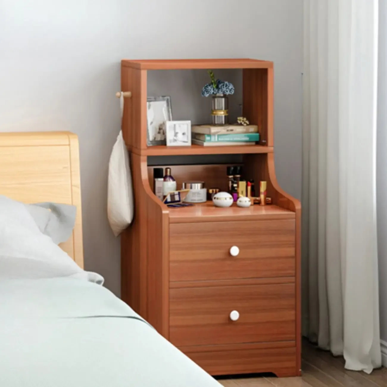 Scandinavian White Wooden Nightstand with Shelves and Drawers Image - 12