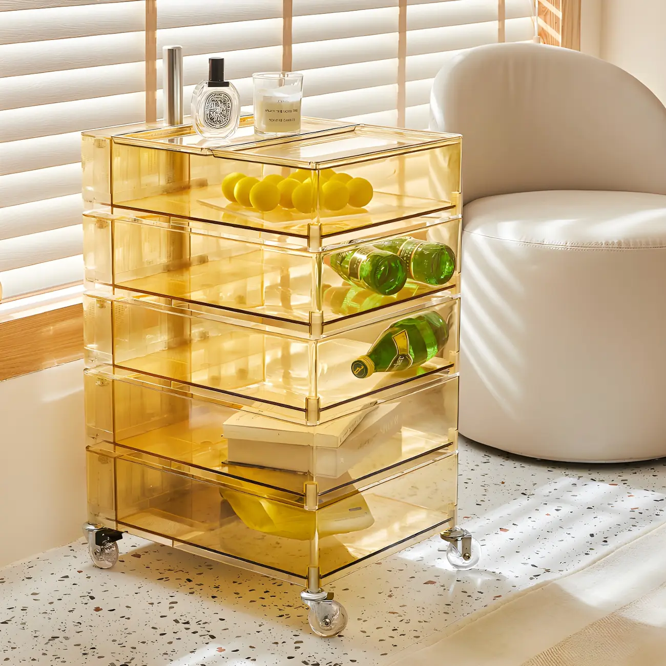 Vibrant Yellow Transparent Nightstand with Drawers and Wheels Image - 11 | homeyfad