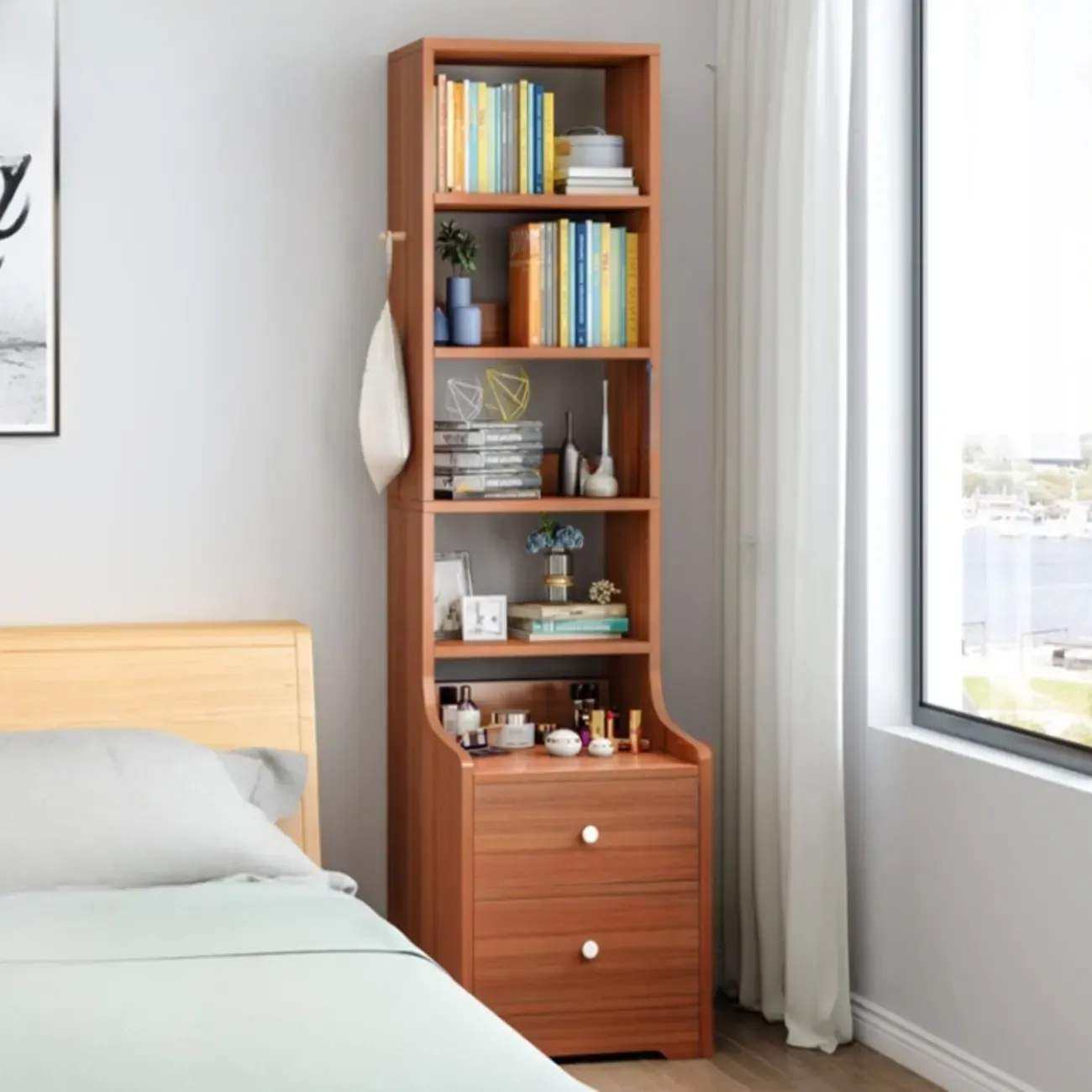 Scandinavian White Wooden Nightstand with Shelves and Drawers Image - 13