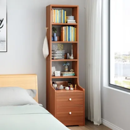 Scandinavian White Wooden Nightstand with Shelves and Drawers Image - 13