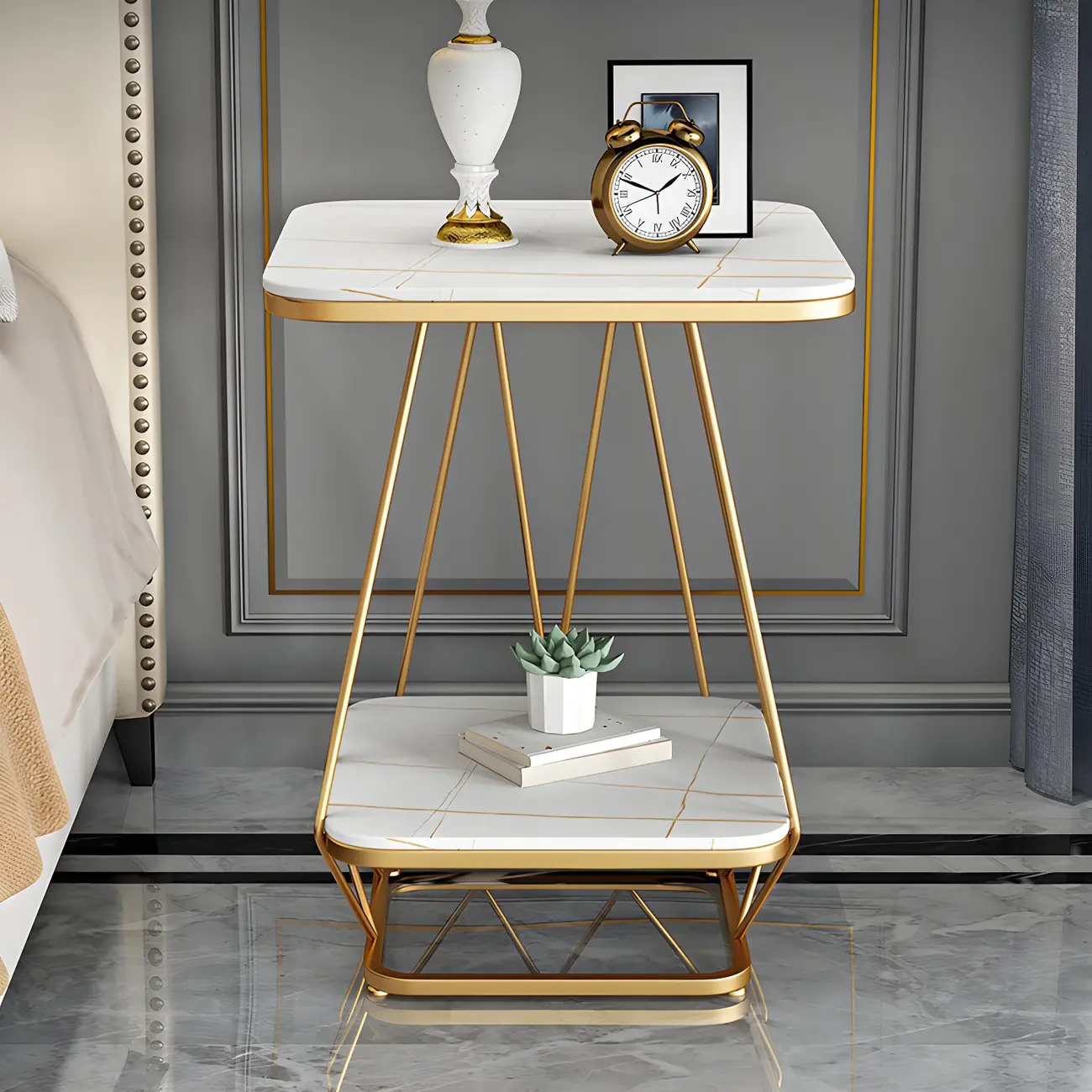 Modern Glam Metal Nightstand with Stone Top and Open Shelf Image - 1 | homeyfad