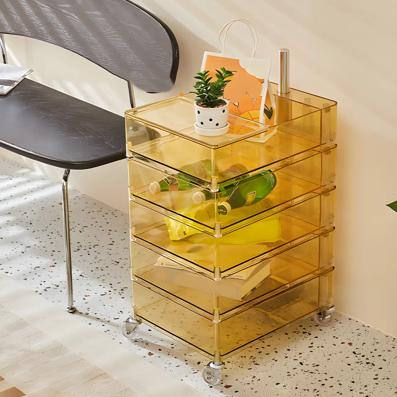 Vibrant Yellow Transparent Nightstand with Drawers and Wheels Image - 12 | homeyfad