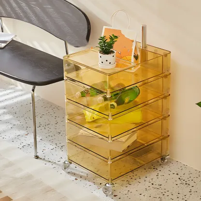 Vibrant Yellow Transparent Nightstand with Drawers and Wheels Image - 12