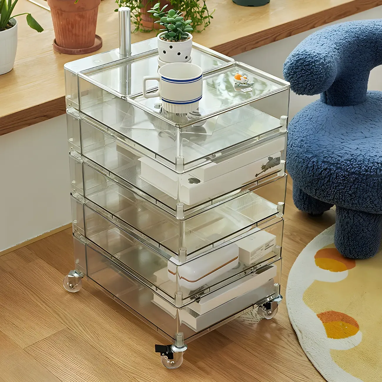 Vibrant Yellow Transparent Nightstand with Drawers and Wheels Image - 2