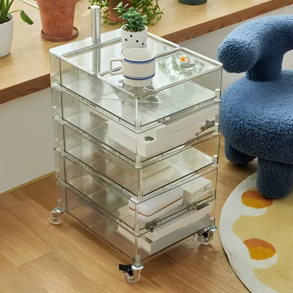 Vibrant Yellow Transparent Nightstand with Drawers and Wheels Image - 2