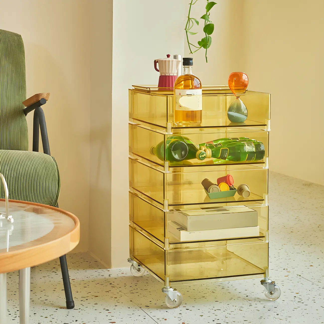 Vibrant Yellow Transparent Nightstand with Drawers and Wheels Image - 5 | homeyfad