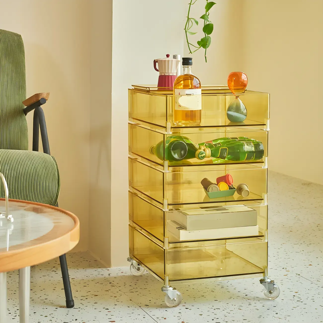 Vibrant Yellow Transparent Nightstand with Drawers and Wheels Image - 5