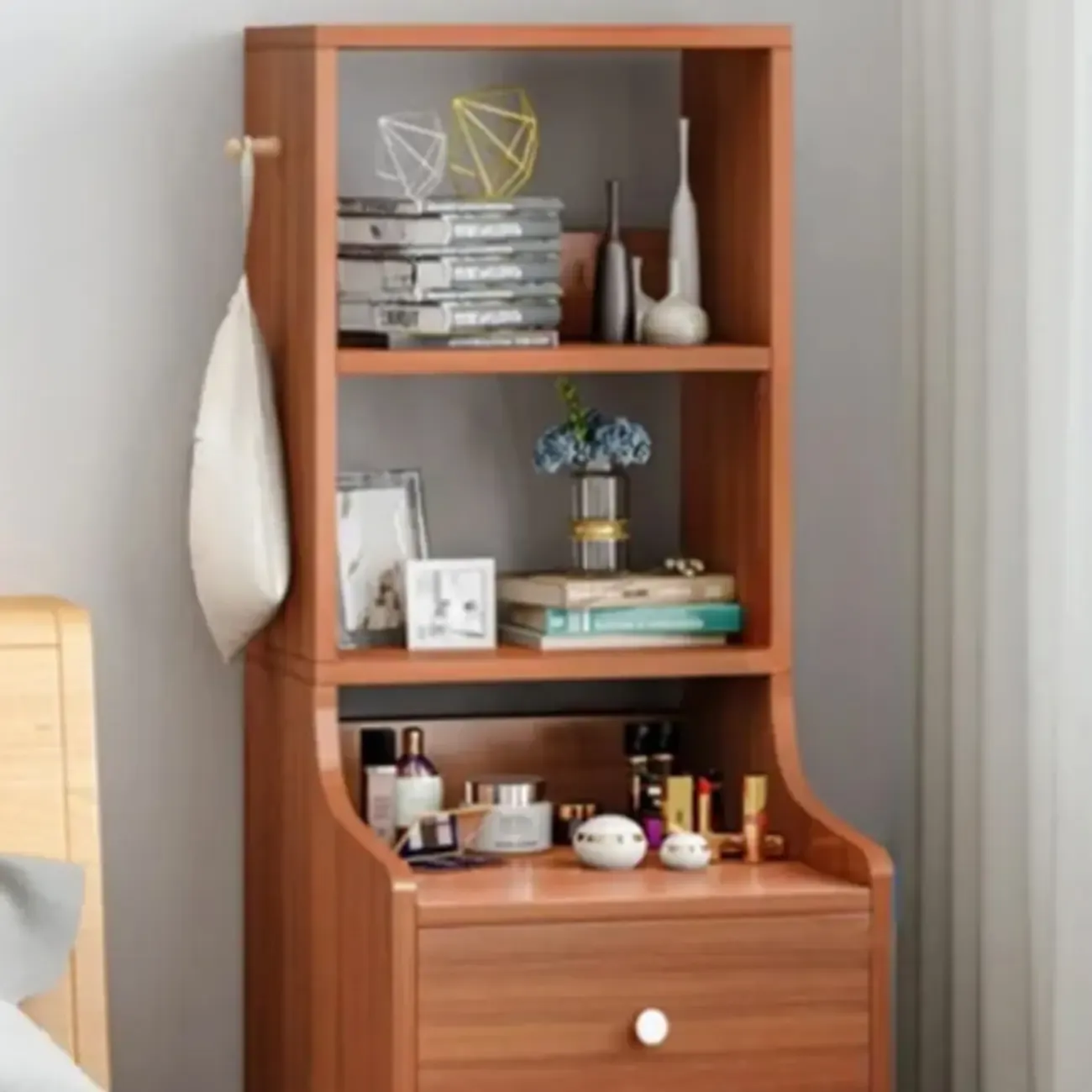 Scandinavian White Wooden Nightstand with Shelves and Drawers Image - 17