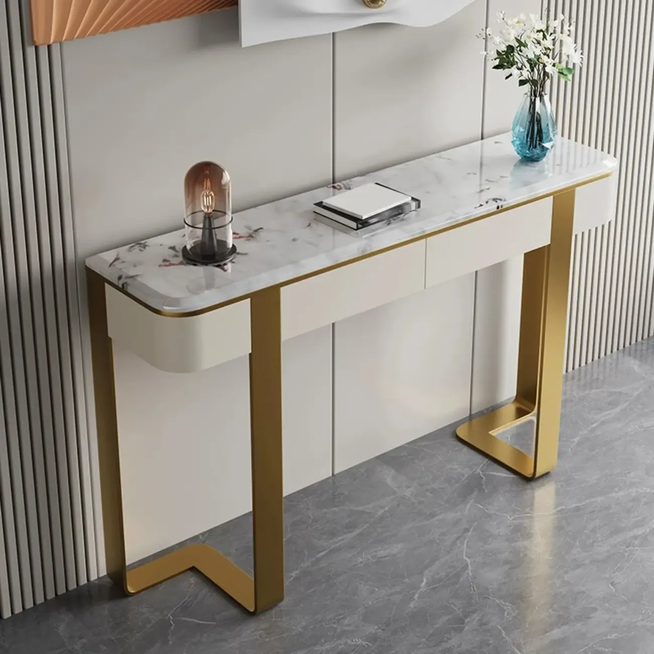 Glam Spar Top Console Table with Gold Metal Pedestal Base Image - 1