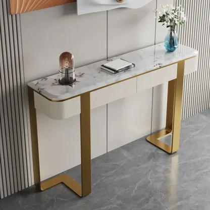 Glam Spar Top Console Table with Gold Metal Pedestal Base Image - 1