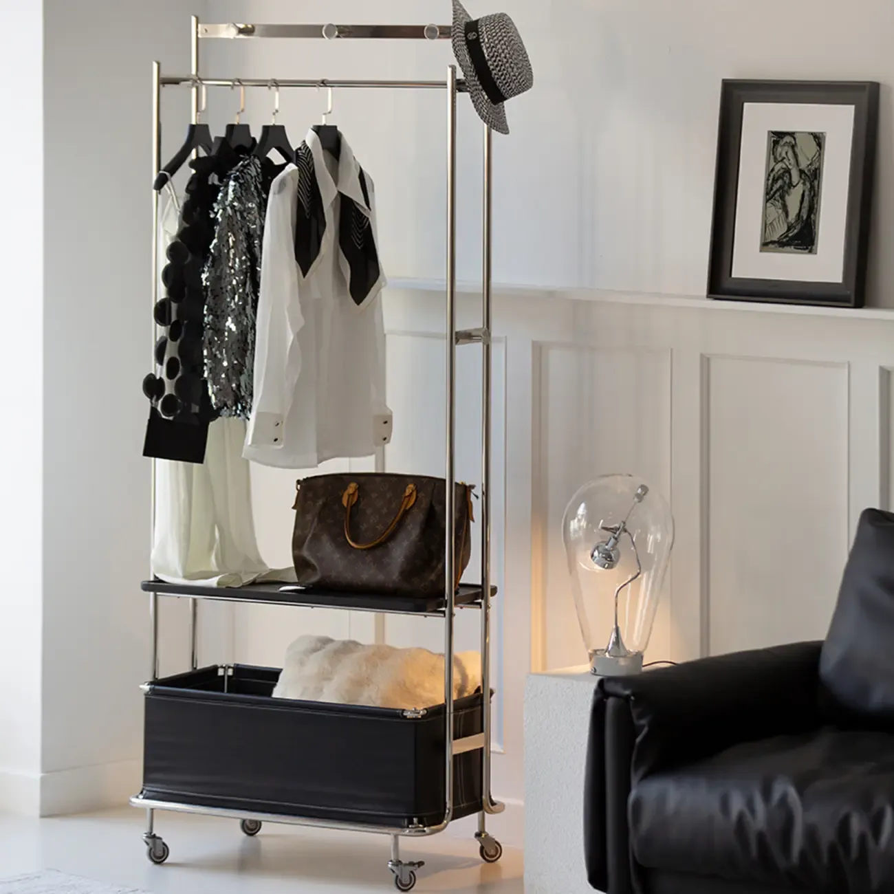 Modern Steel Hall Tree with Shelves and Wheels Image - 1