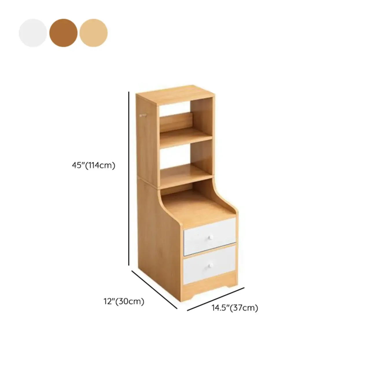 Scandinavian White Wooden Nightstand with Shelves and Drawers #size