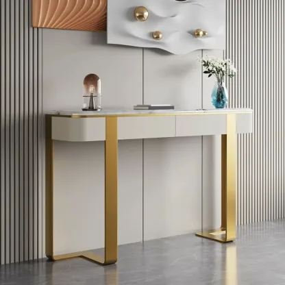 Glam Spar Top Console Table with Gold Metal Pedestal Base Image - 2