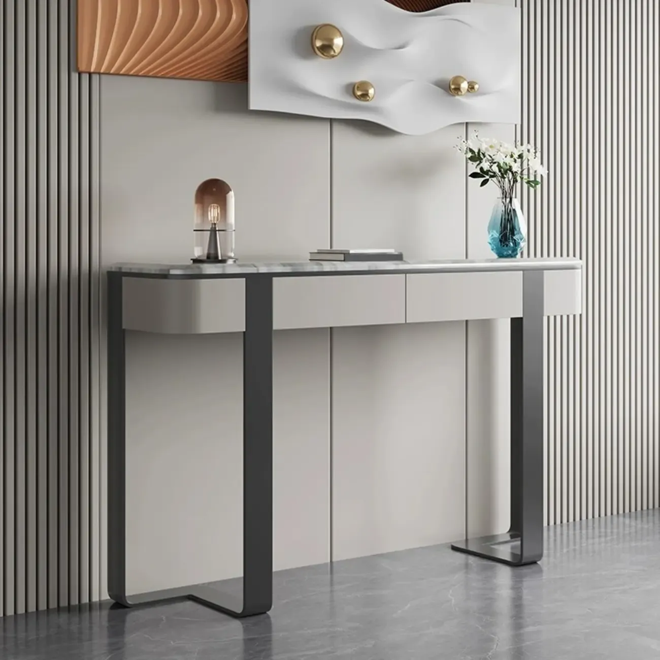 Glam Spar Top Console Table with Gold Metal Pedestal Base Image - 3
