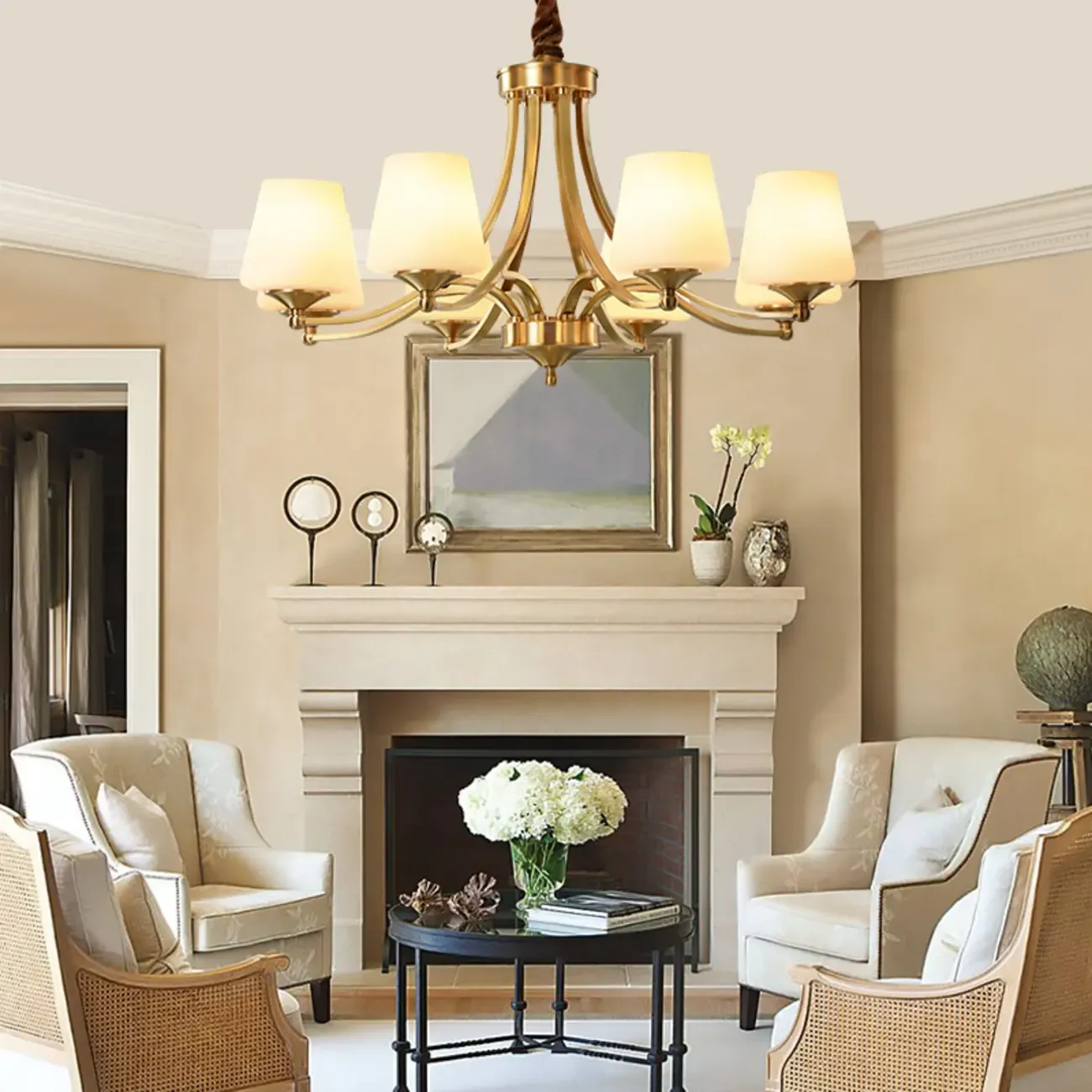 Vintage Brass Chandelier with Lampshades for Living Room Image - 1