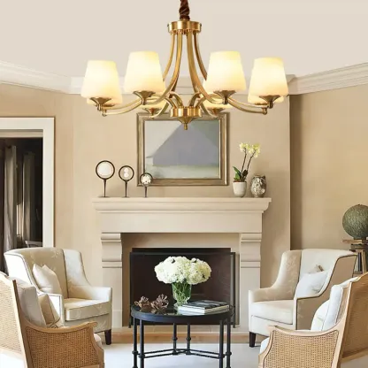 Vintage Brass Chandelier with Lampshades for Living Room Image - 1