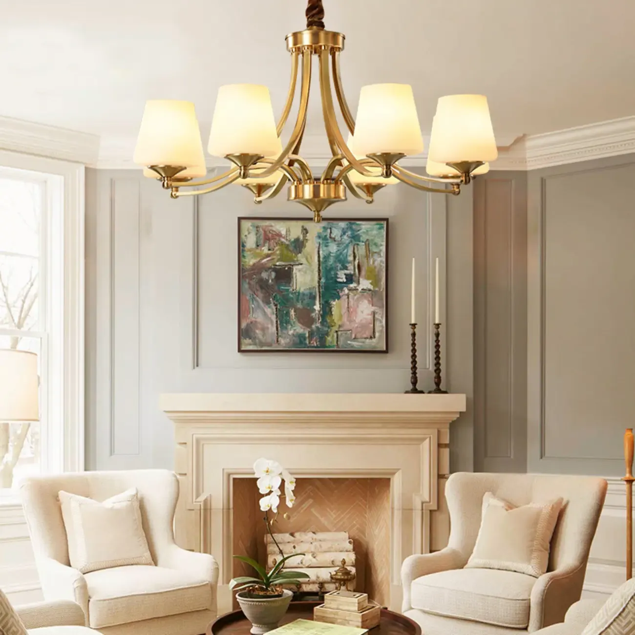 Vintage Brass Chandelier with Lampshades for Living Room Image - 2