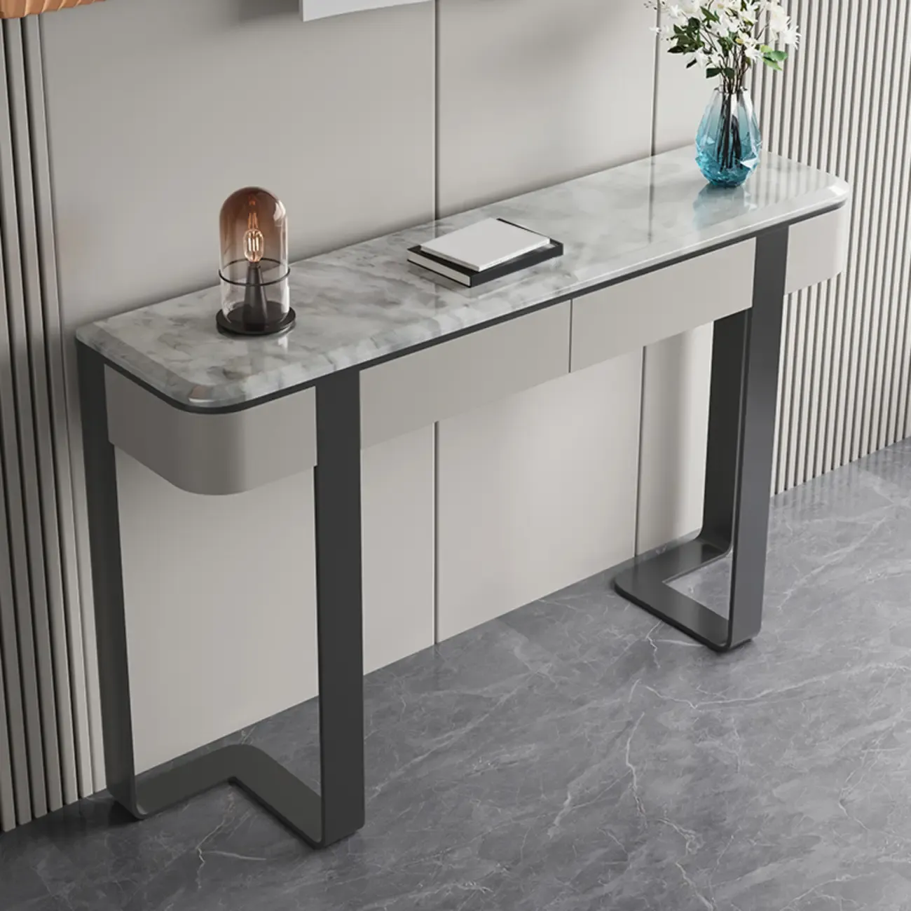 Glam Spar Top Console Table with Gold Metal Pedestal Base Image - 6