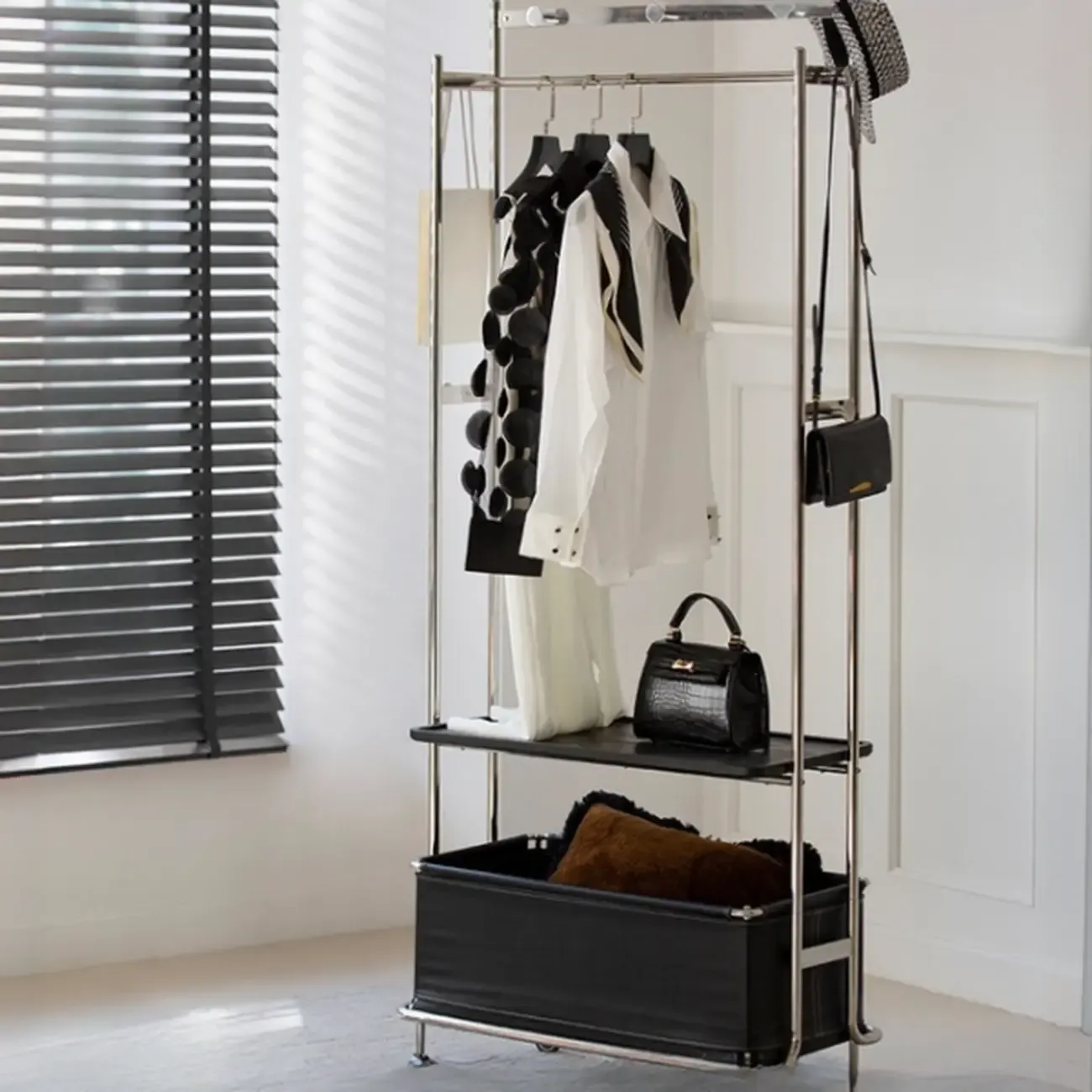 Modern Steel Hall Tree with Shelves and Wheels Image - 6