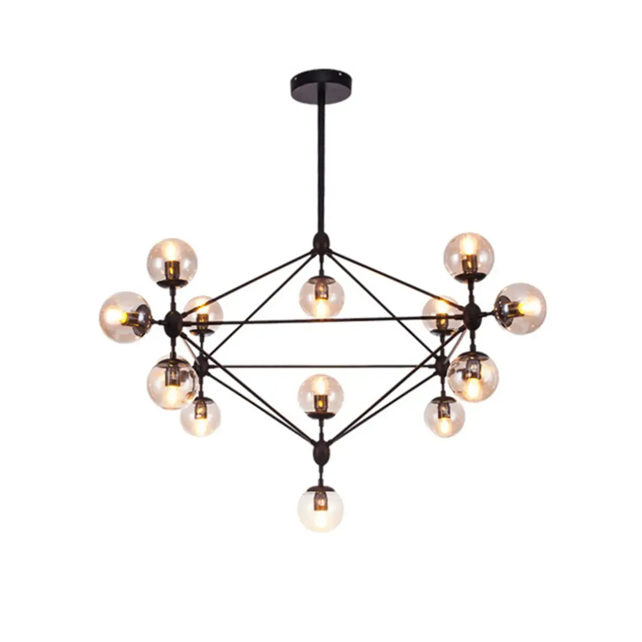 Industrial Black Globe Chandelier with Cognac Glass Shades  Image - 7