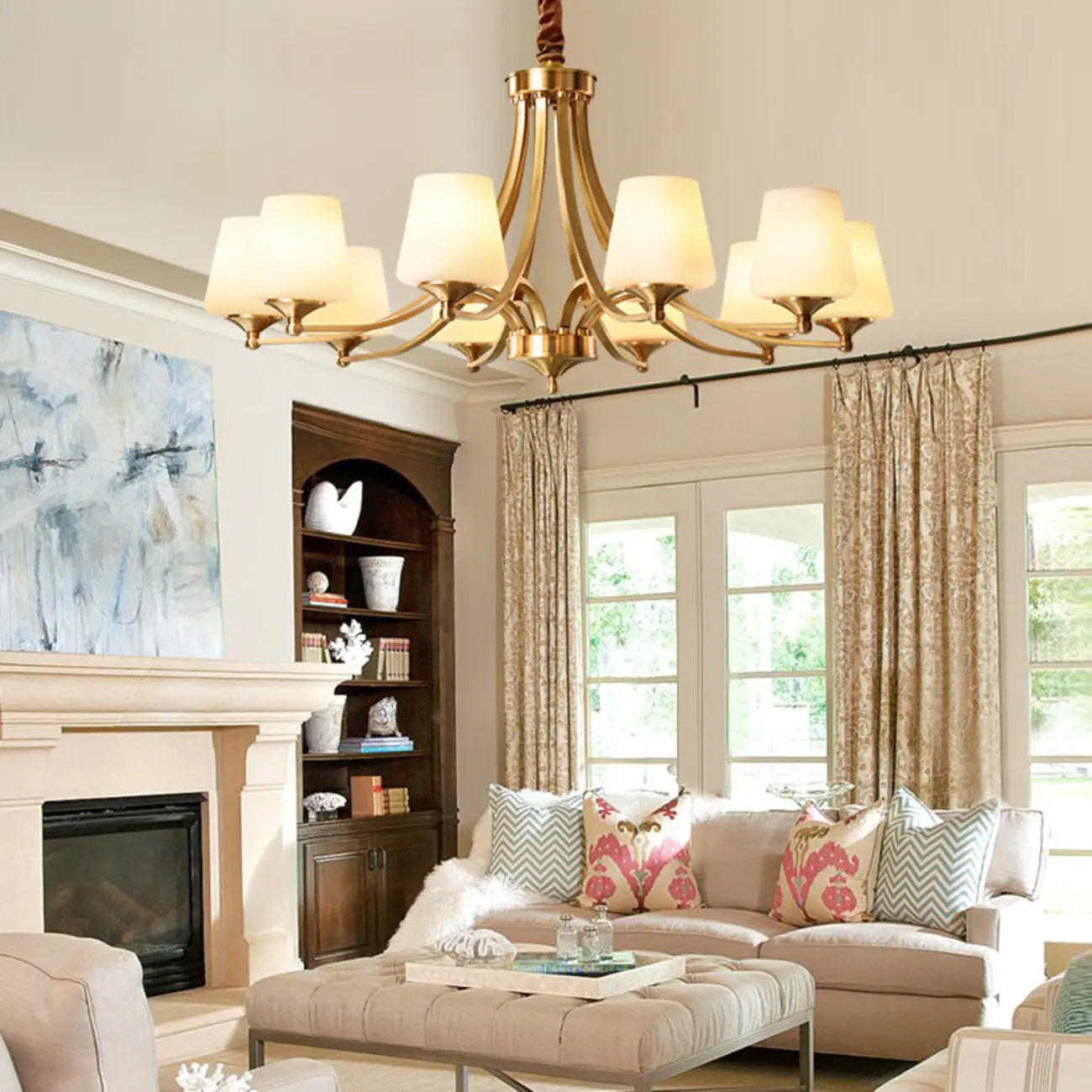 Vintage Brass Chandelier with Lampshades for Living Room Image - 3 | homeyfad