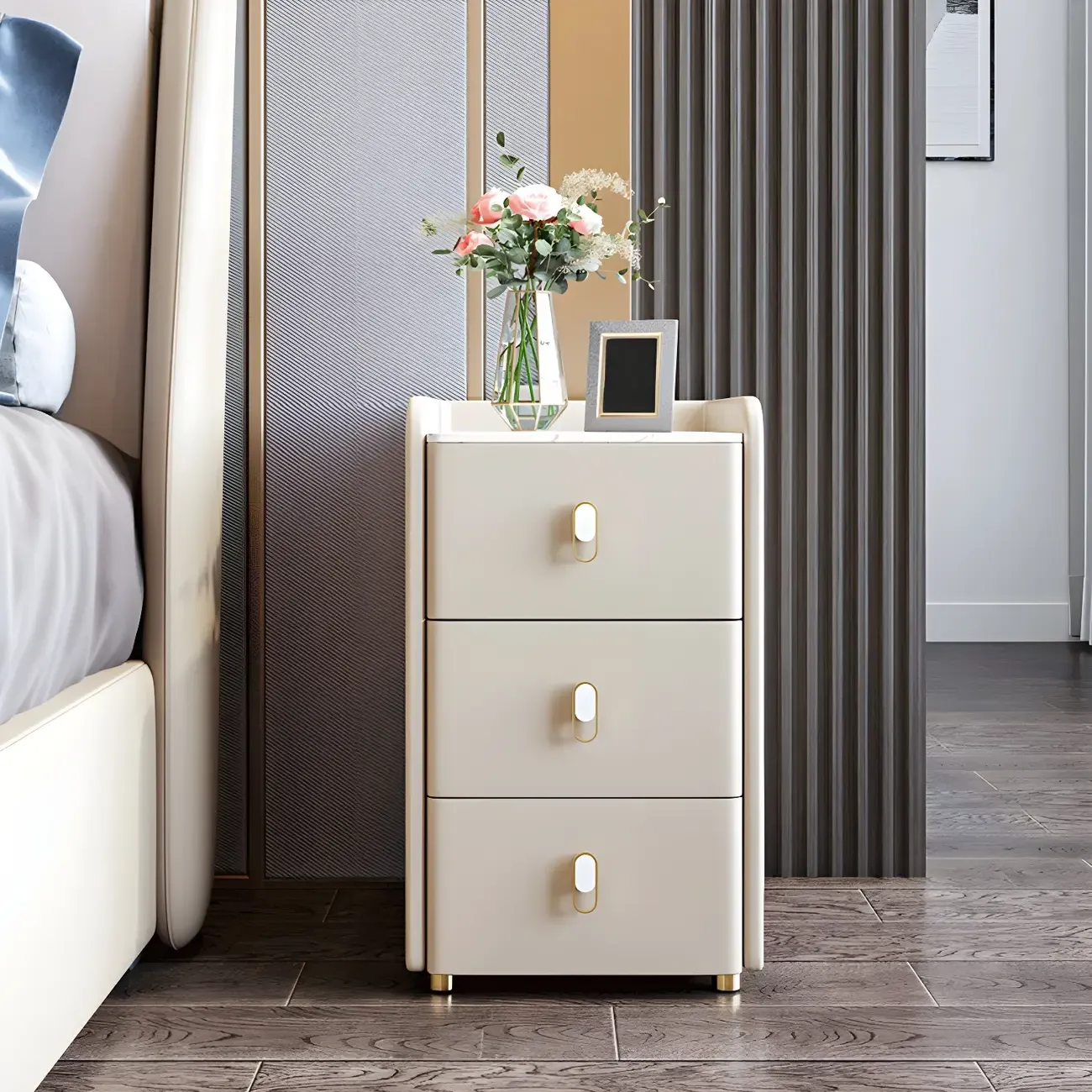 Modern Green Wood Nightstand with 3 Drawers Stone Countertop Image - 2