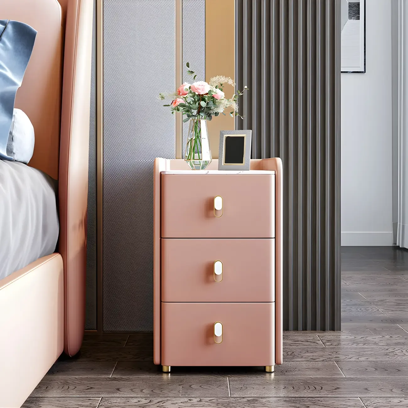 Modern Green Wood Nightstand with 3 Drawers Stone Countertop Image - 3