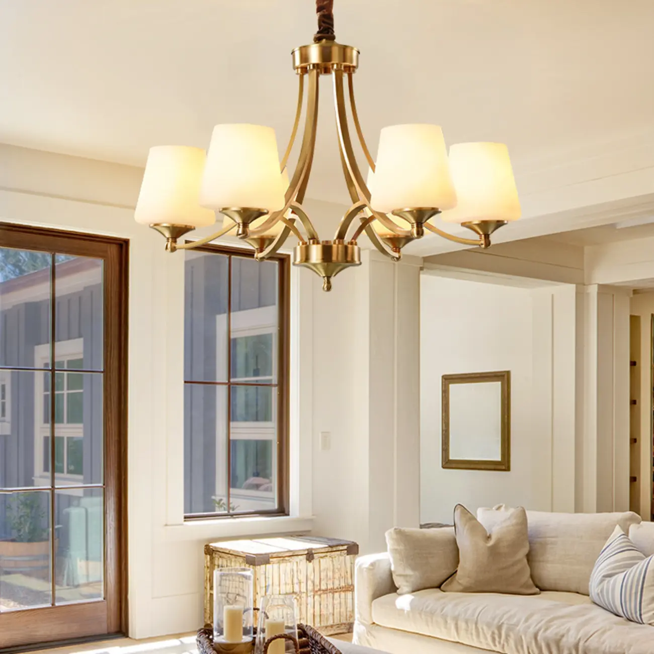 Vintage Brass Chandelier with Lampshades for Living Room Image - 4 | homeyfad