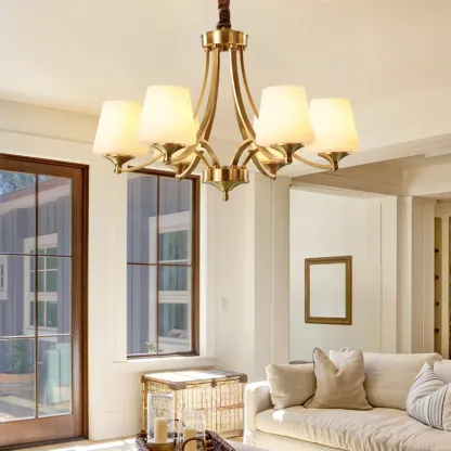 Vintage Brass Chandelier with Lampshades for Living Room Image - 4