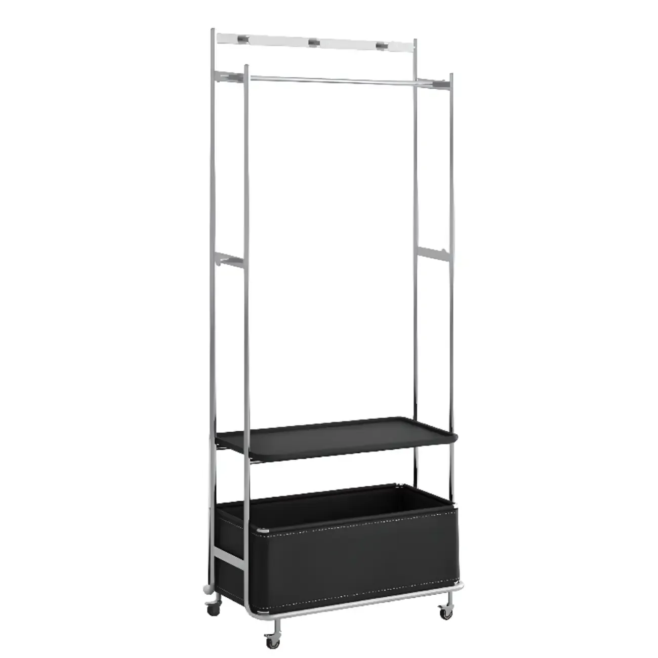 Modern Steel Hall Tree with Shelves and Wheels Image - 9